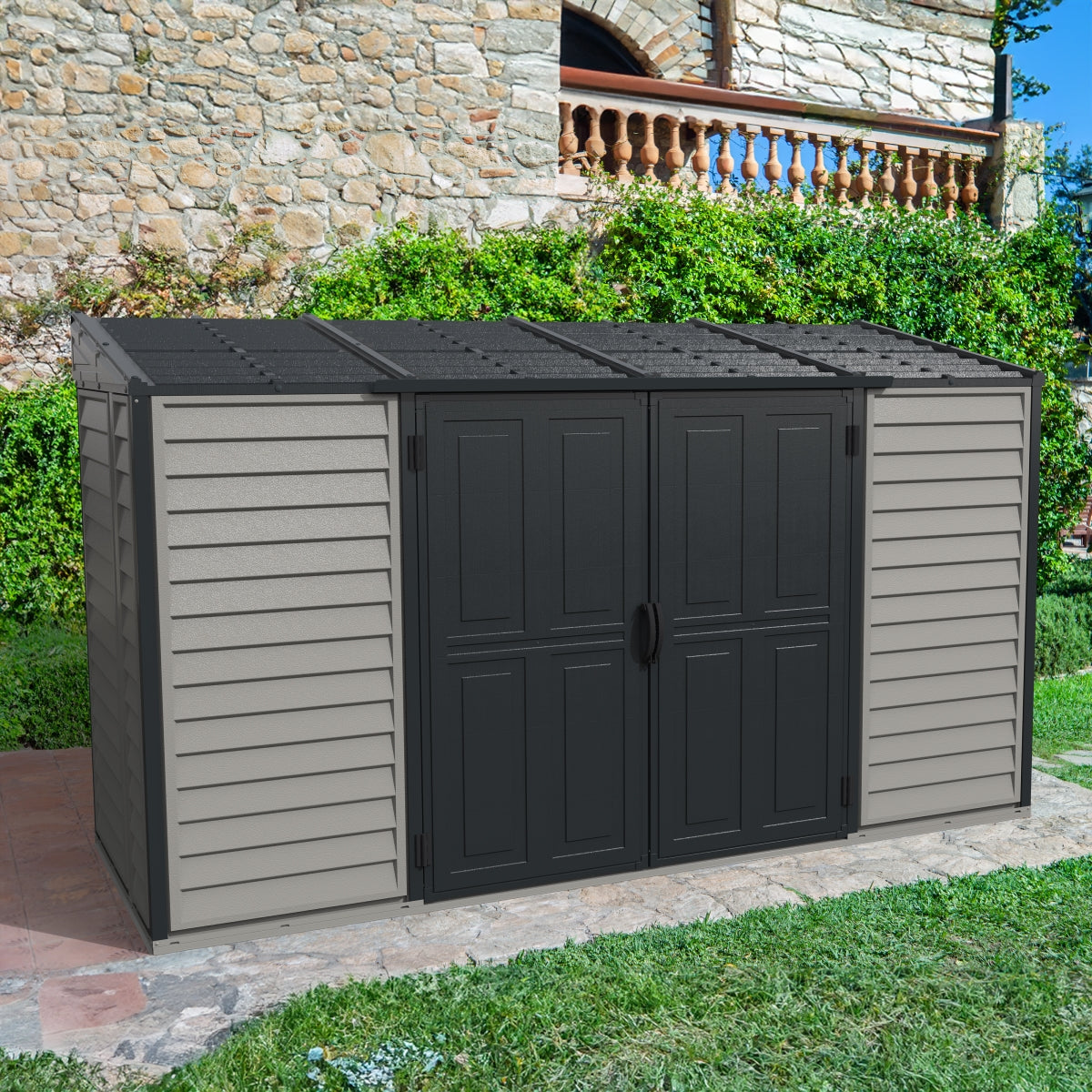 DuraMax | SideMate Plus Pro Vinyl Storage Shed with Double Doors and Foundation - 10x4x6 ft