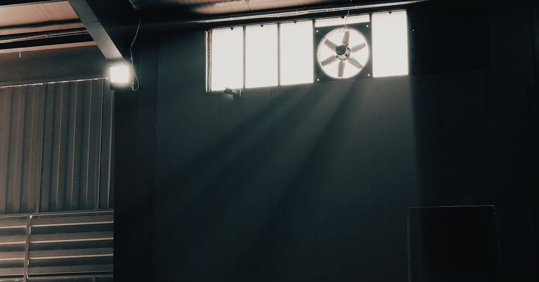 Moody warehouse interior with sunlight streaming through exhaust fan and steel trusses.