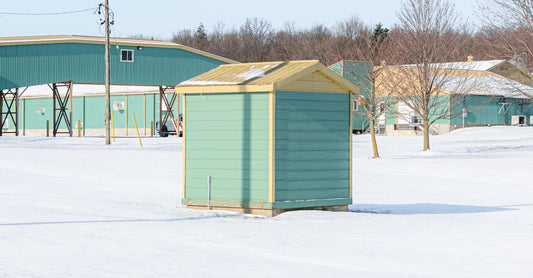Rural landscape featuring green buildings and a snowy field in winter.