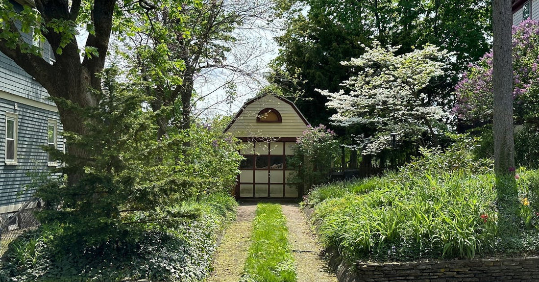 Beautiful garden path leading to a quaint shed surrounded by vibrant greenery.