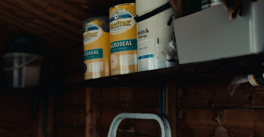A cozy wooden shed interior with a ladder and paint cans on a shelf.