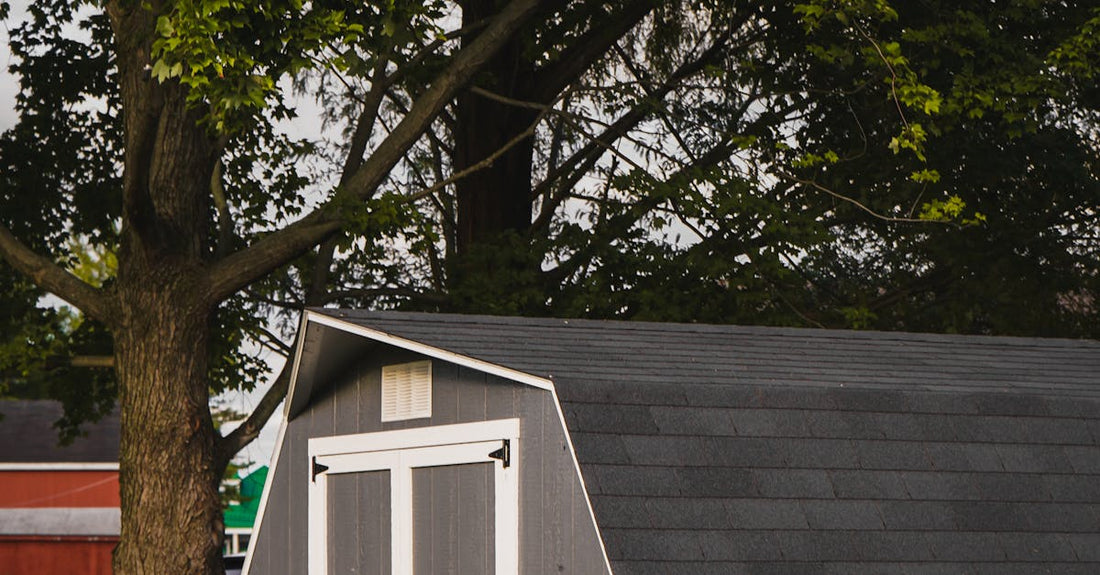 A quaint gray garden shed nestled under lush trees in a serene backyard.