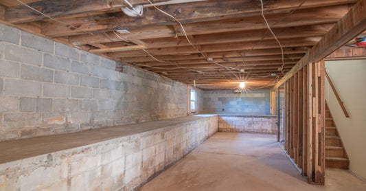 Empty basement with exposed wooden beams, concrete walls and stairs.