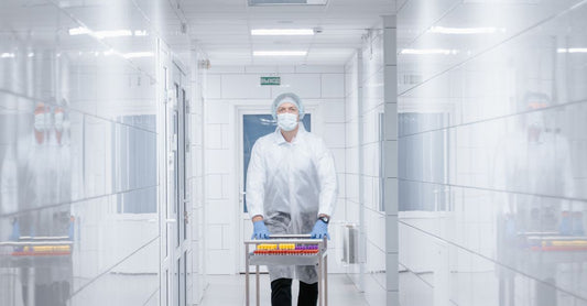 Scientist in protective clothing walking with cart in a sterile laboratory corridor.