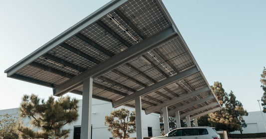 Solar panel carport in a modern urban setting, showcasing clean energy solutions.